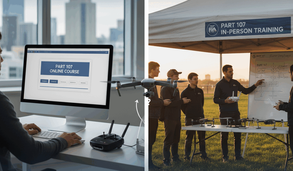 Professional featured image for drone pilot article: Should You Take Part 107 Online or In Person. H