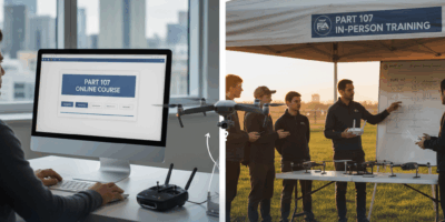 Professional featured image for drone pilot article: Should You Take Part 107 Online or In Person. H