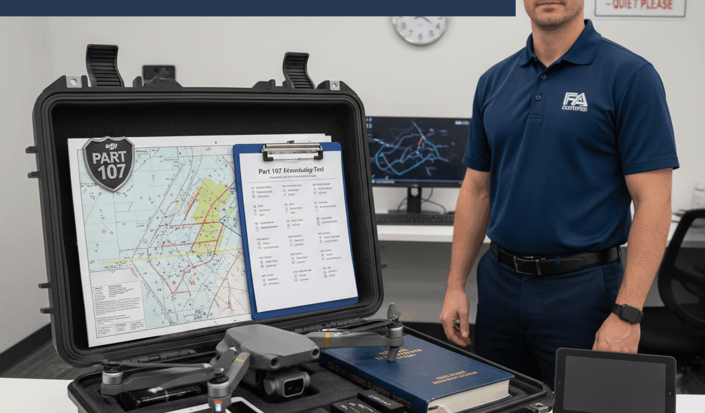 Professional featured image for drone pilot article: What to Bring and Expect on Part 107 Test Day. 