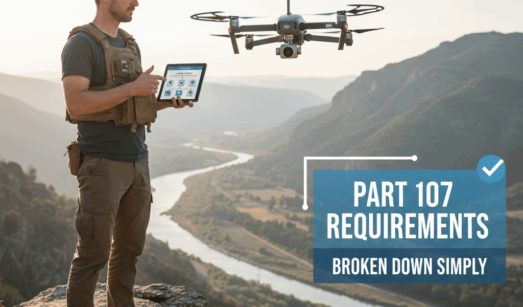 Professional featured image for drone pilot article: Part 107 Requirements Broken Down Simply. High 