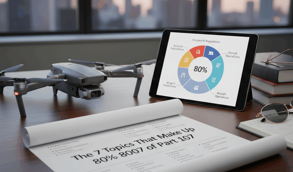 Professional featured image for drone pilot article: The 7 Topics That Make Up 80% of Part 107. High